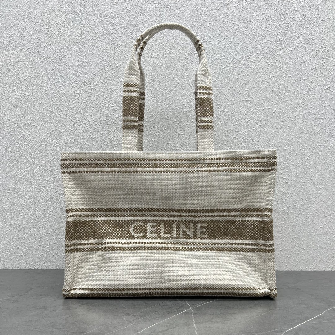 Celine Small Cabas Thais In Striped Textile With Celine Jacquard And Calfskin Cream/Light Green 196762